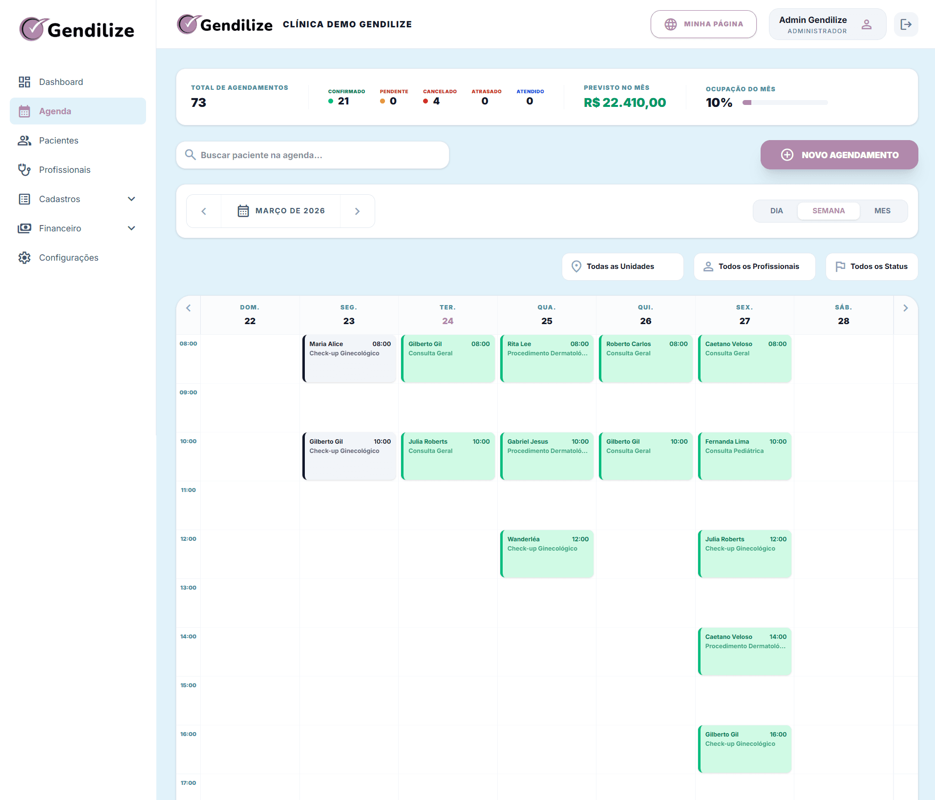 Dashboard do Gendilize mostrando a agenda semanal com status coloridos para organização de clínicas