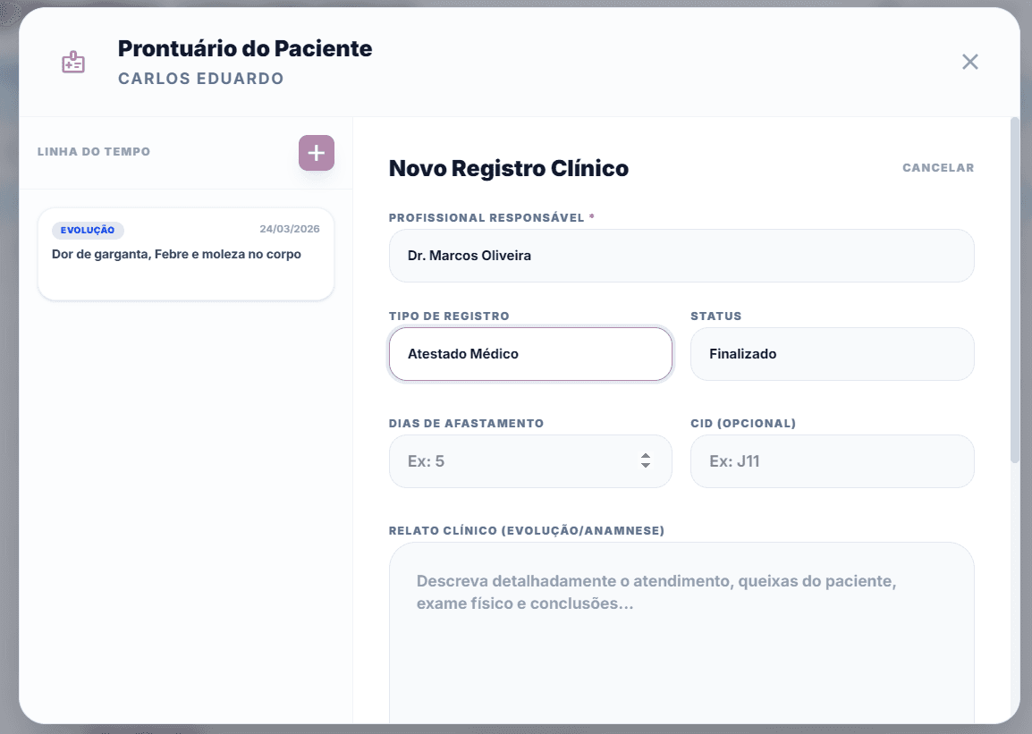 Prontuário eletrônico do Gendilize com histórico do paciente e documentos médicos